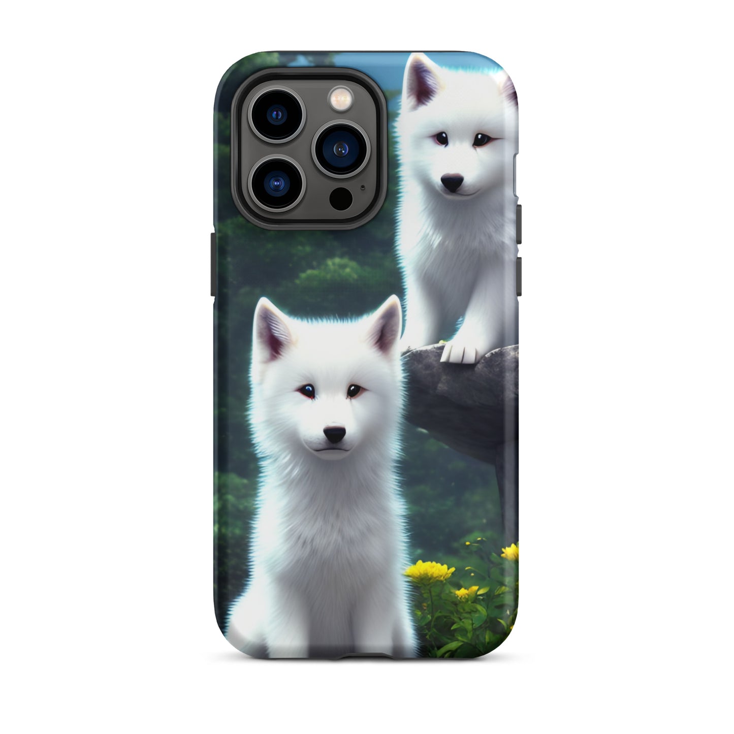 A fantasy picture of 2 white wolf cubs sitting looking straight on iPhone tough case - matte-iphone-14-pro-max-front