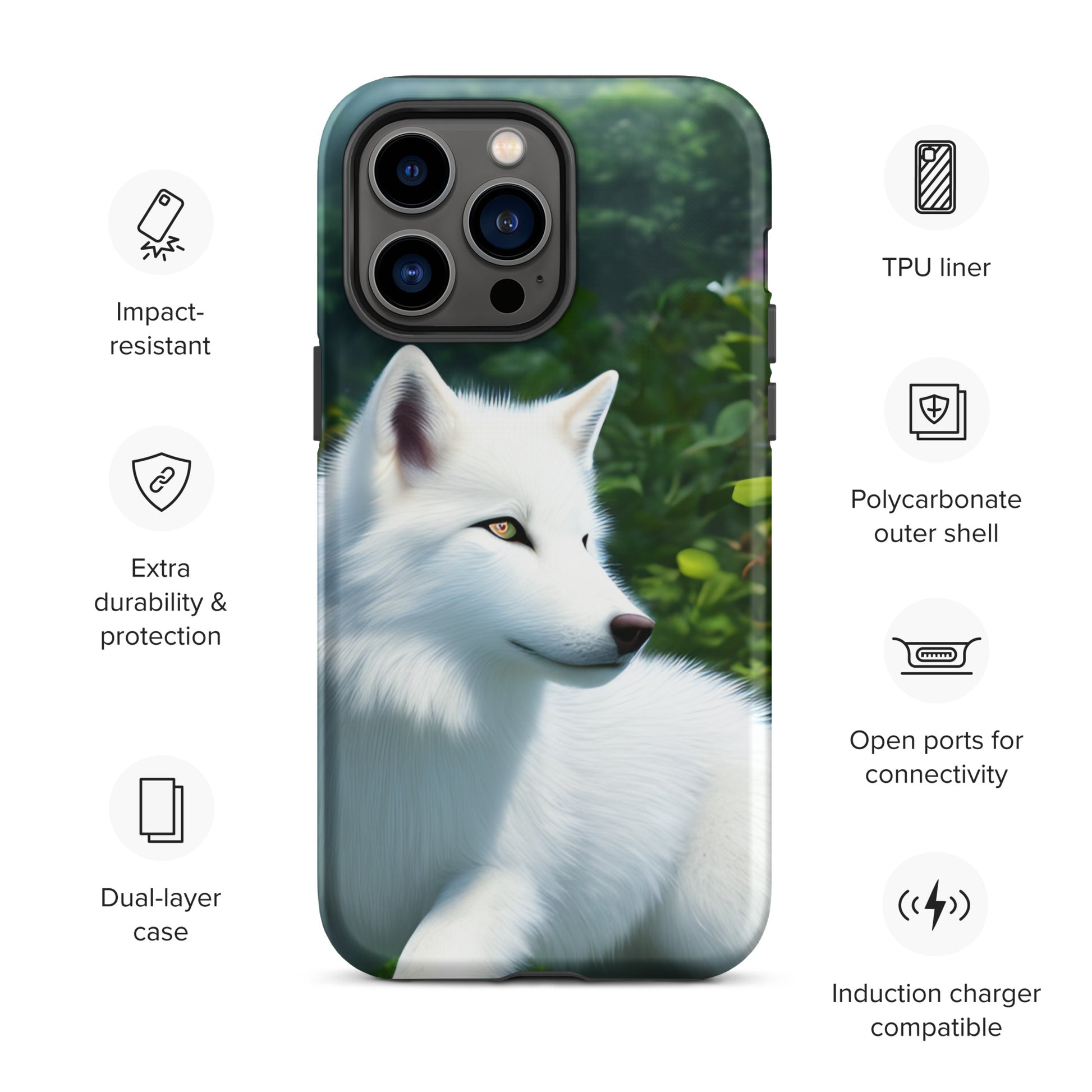 A fantasy picture of White Wolf #2 iPhone tough case with a pure white wolf laying down head up and alert - matte-iphone-14-pro-max-front