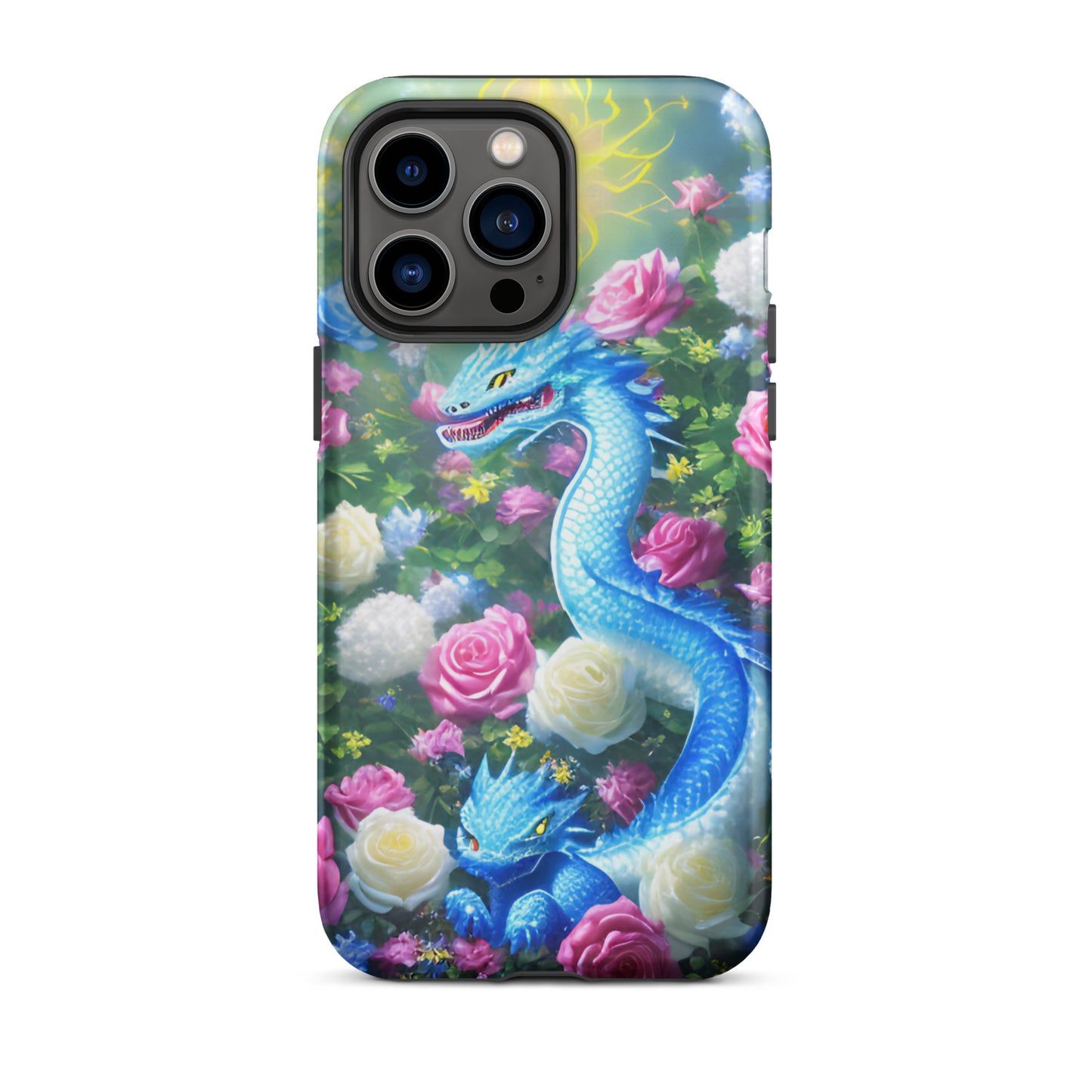 A fantasy picture of Dragon Garden #5 iPhone tough case with many colors of roses and in the middle is a blue dragon with it's baby - matte-iphone-14-pro-max-front