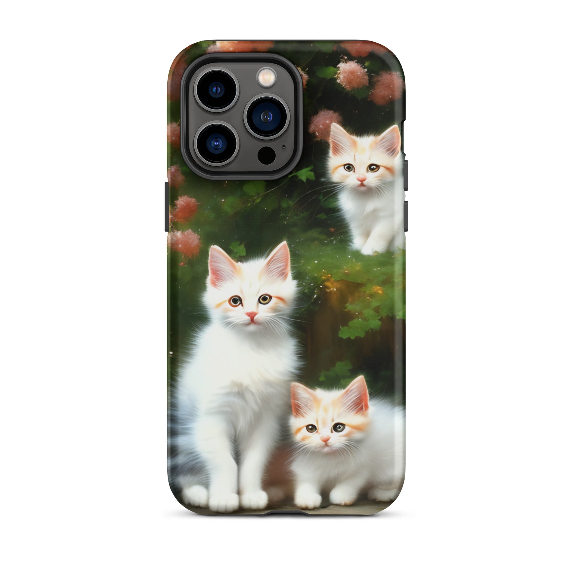 A picture of a iphone tough case with 3 fluffy white and orange kittens and peach colored flowers in the background - matte-iphone-14-pro-max-front