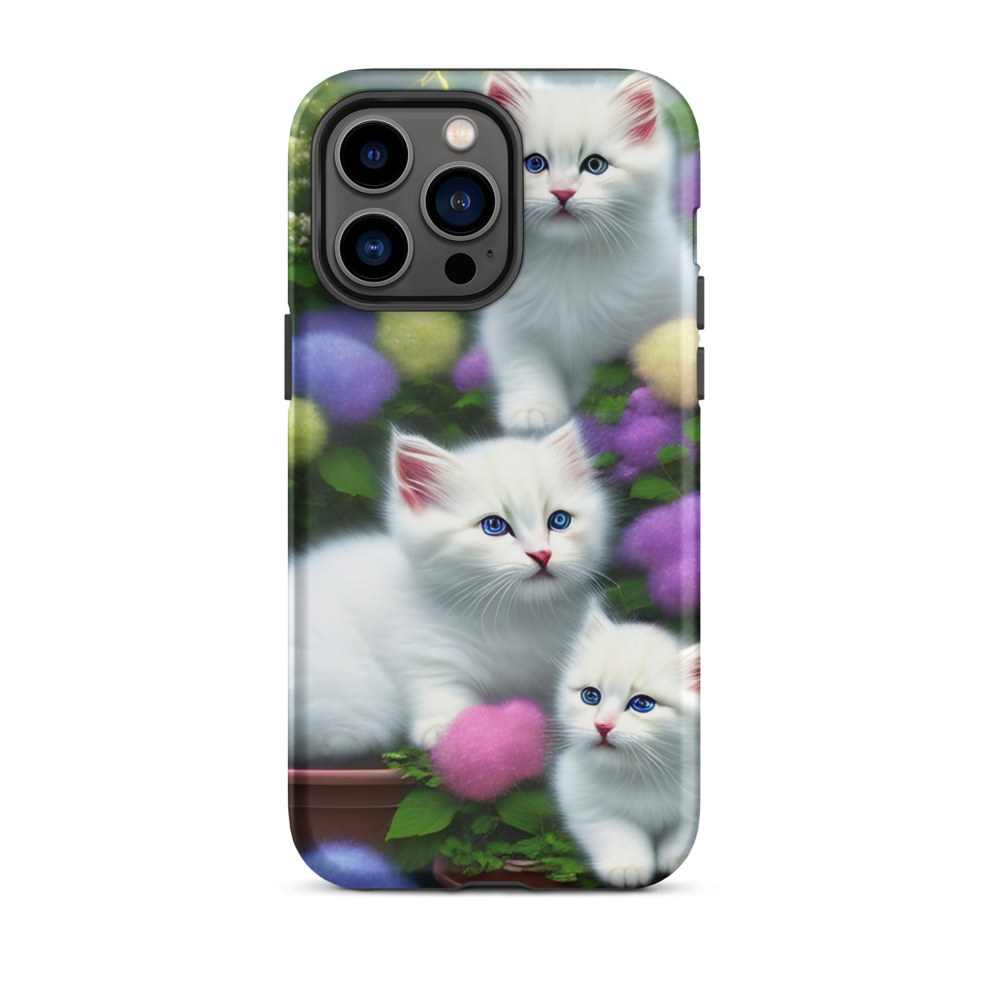 A picture of a iphone tough case with a picture of 3 pure white kittens with blue eyes in a garden filled with flowers - matte-iphone-14-pro-max-front