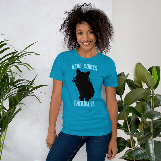 "Here Comes Trouble Black Cat" Unisex T-Shirt