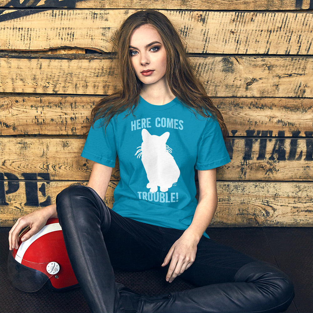 "Here Comes Trouble White Cat" Unisex T-Shirt