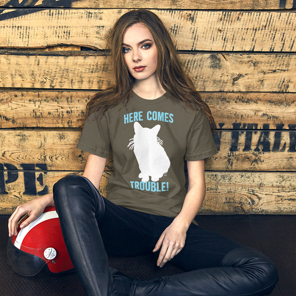 "Here Comes Trouble White Cat" Unisex T-Shirt