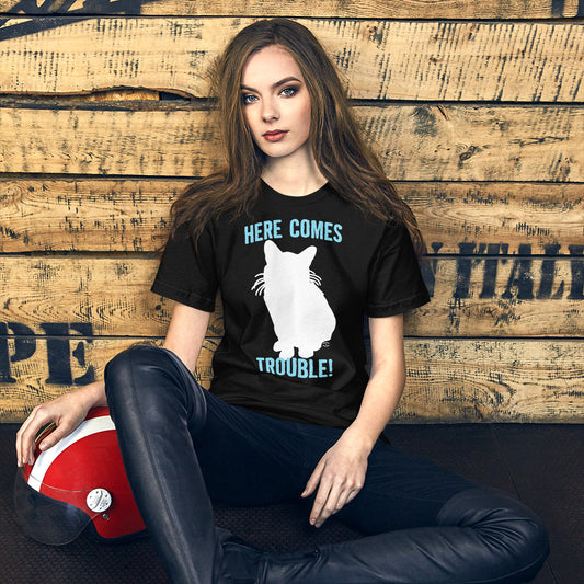 "Here Comes Trouble White Cat" Unisex T-Shirt