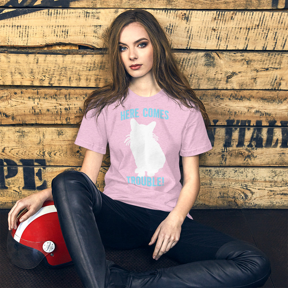 "Here Comes Trouble White Cat" Unisex T-Shirt