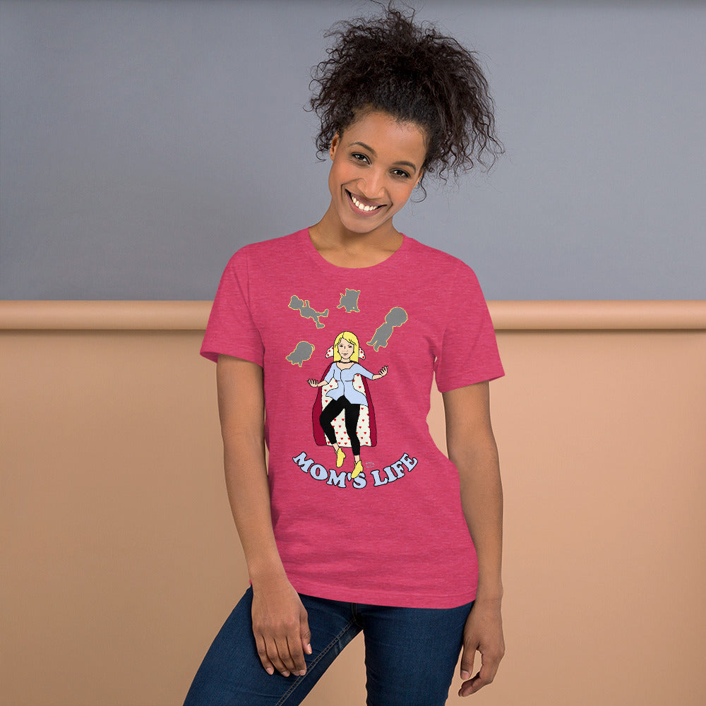 A women wearing a short sleeve unisex tshirt with a pictuer on the front of a mother in a cape juggling her family with the text at the bottom Mom's Life - Front - heather raspberry