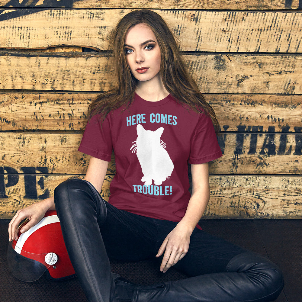 "Here Comes Trouble White Cat" Unisex T-Shirt