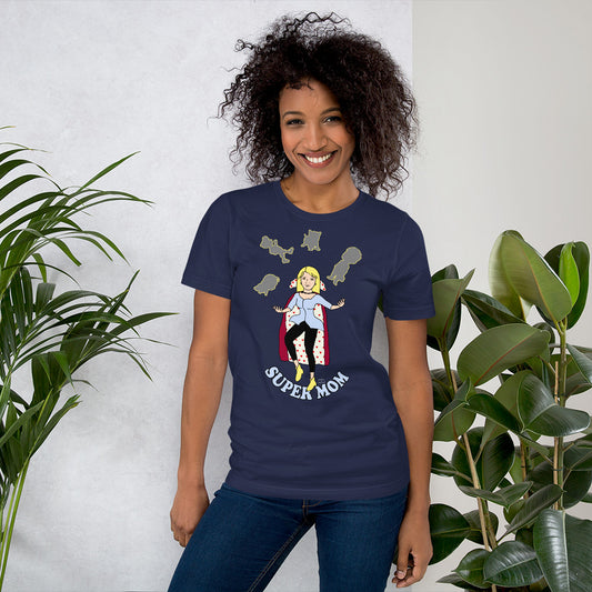 A women wearing a short sleeve tshirt with a picture on the front of a mother in a cape juggling her family with the text at the bottom Super Mom - Front - navy blue