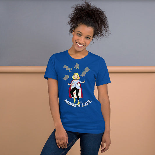 A women wearing a short sleeve unisex tshirt with a pictuer on the front of a mother in a cape juggling her family with the text at the bottom Mom's Life - Front - true royal blue