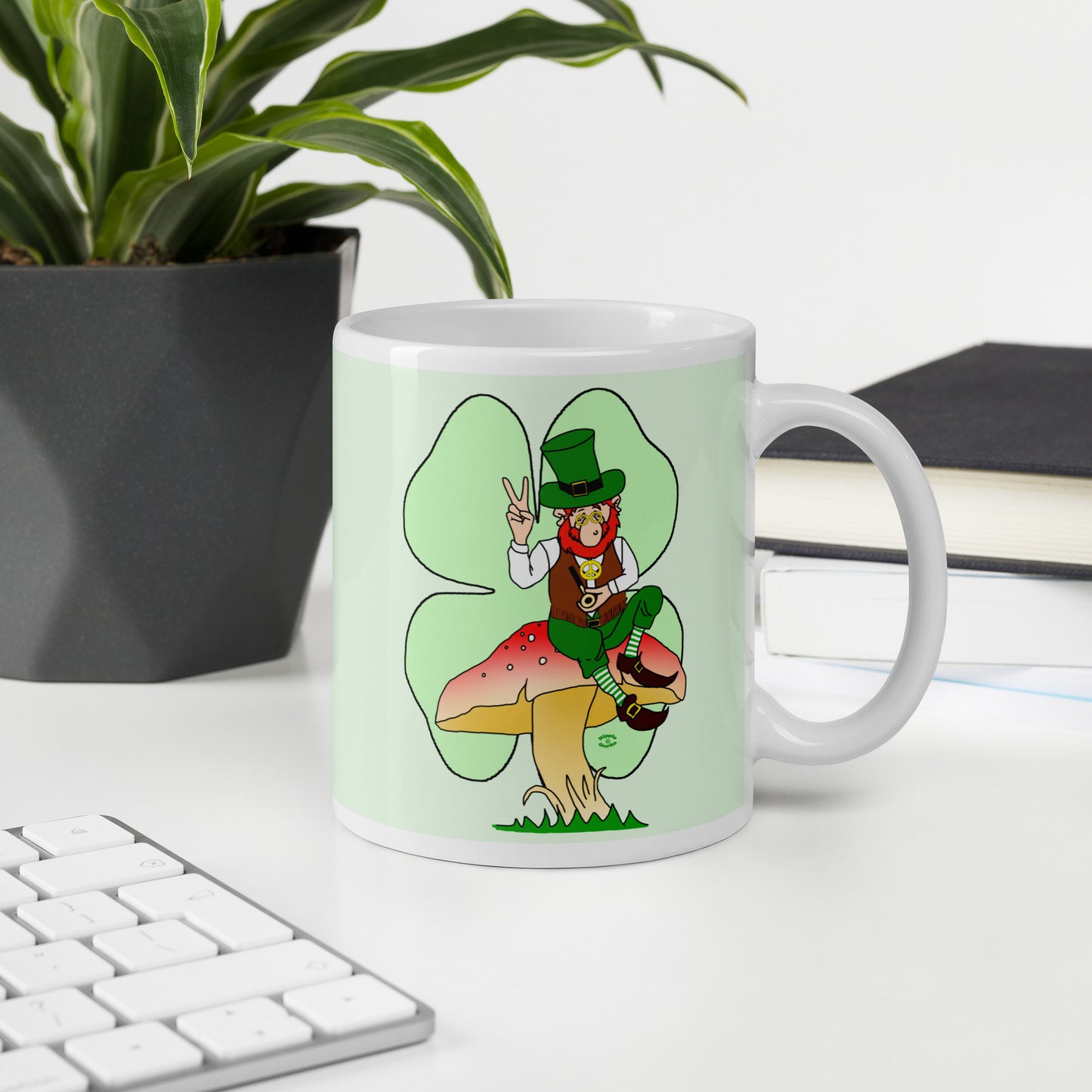 St Patrick's Day Leprechaun with Shamrock White glossy mug