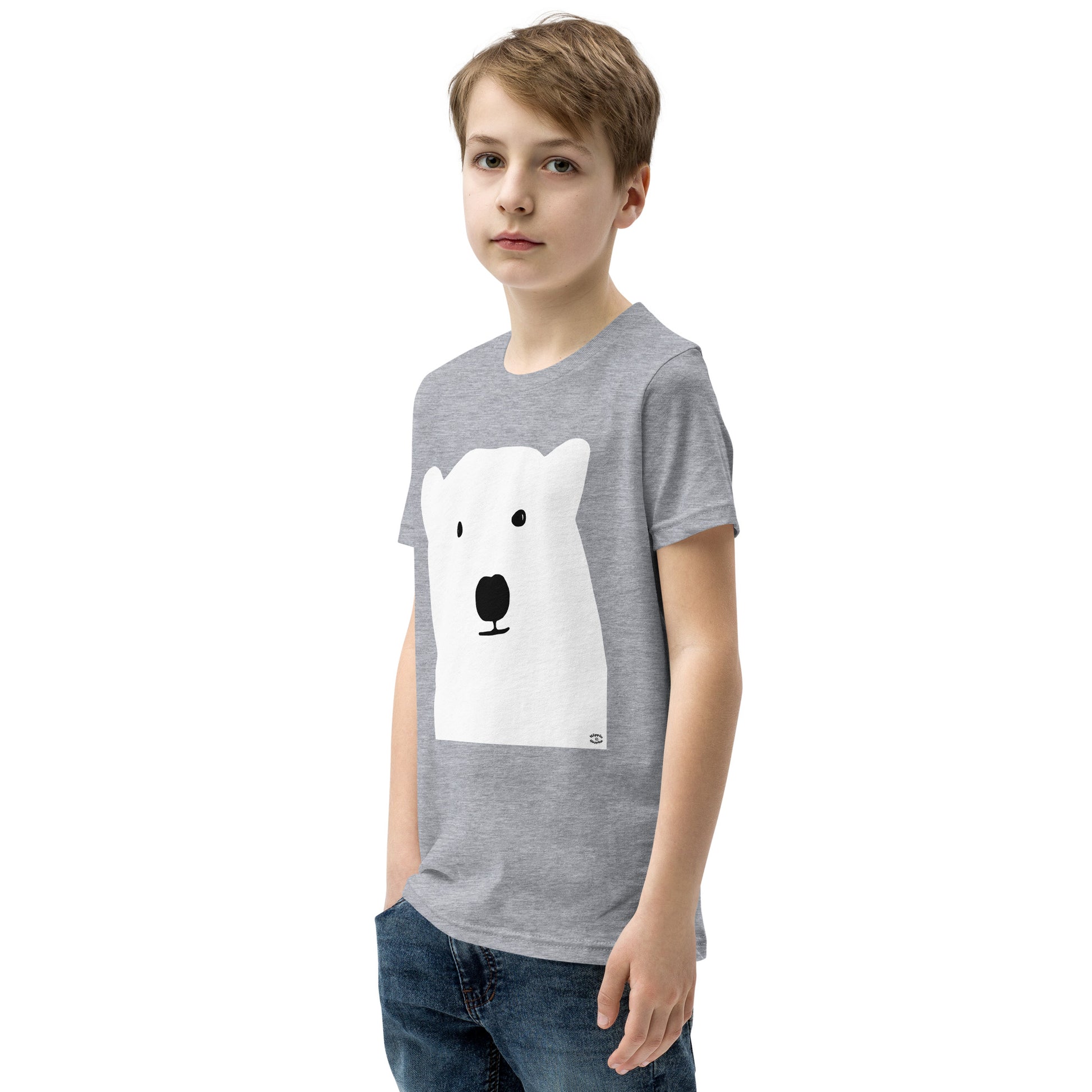 A picture of a young boy wearing a short sleeve tshirt with a kool polar bear face on the front-athletic-heather-left-front