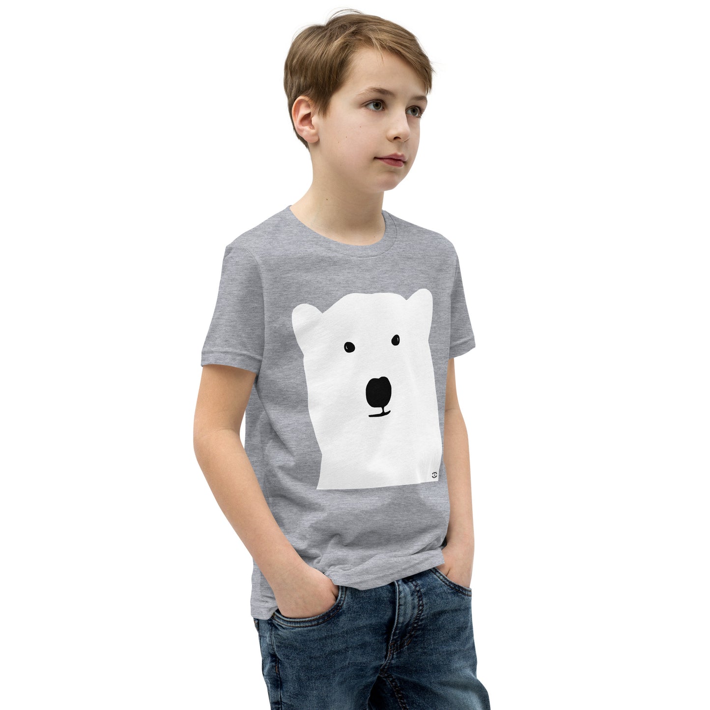 A picture of a young boy wearing a short sleeve tshirt with a kool polar bear face on the front-athletic heather-right-front