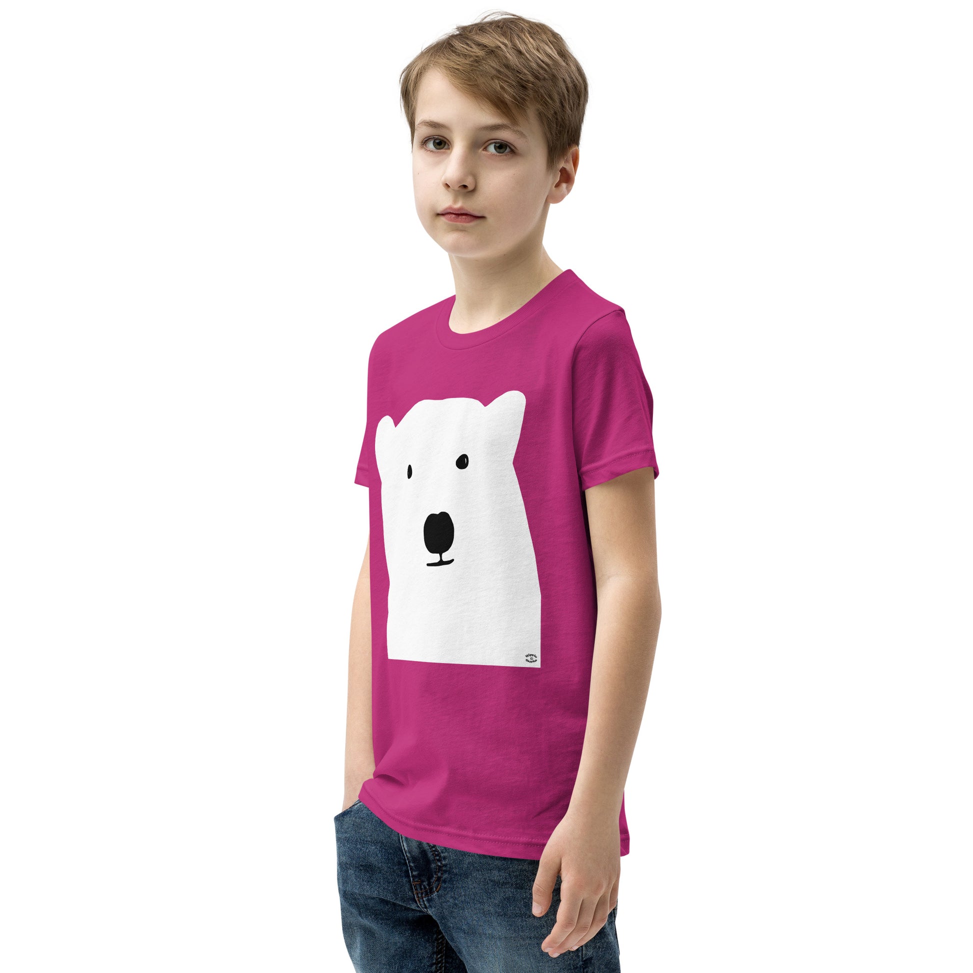 A picture of a young boy wearing a short sleeve tshirt with a kool polar bear face on the front-berry-pink-left-front
