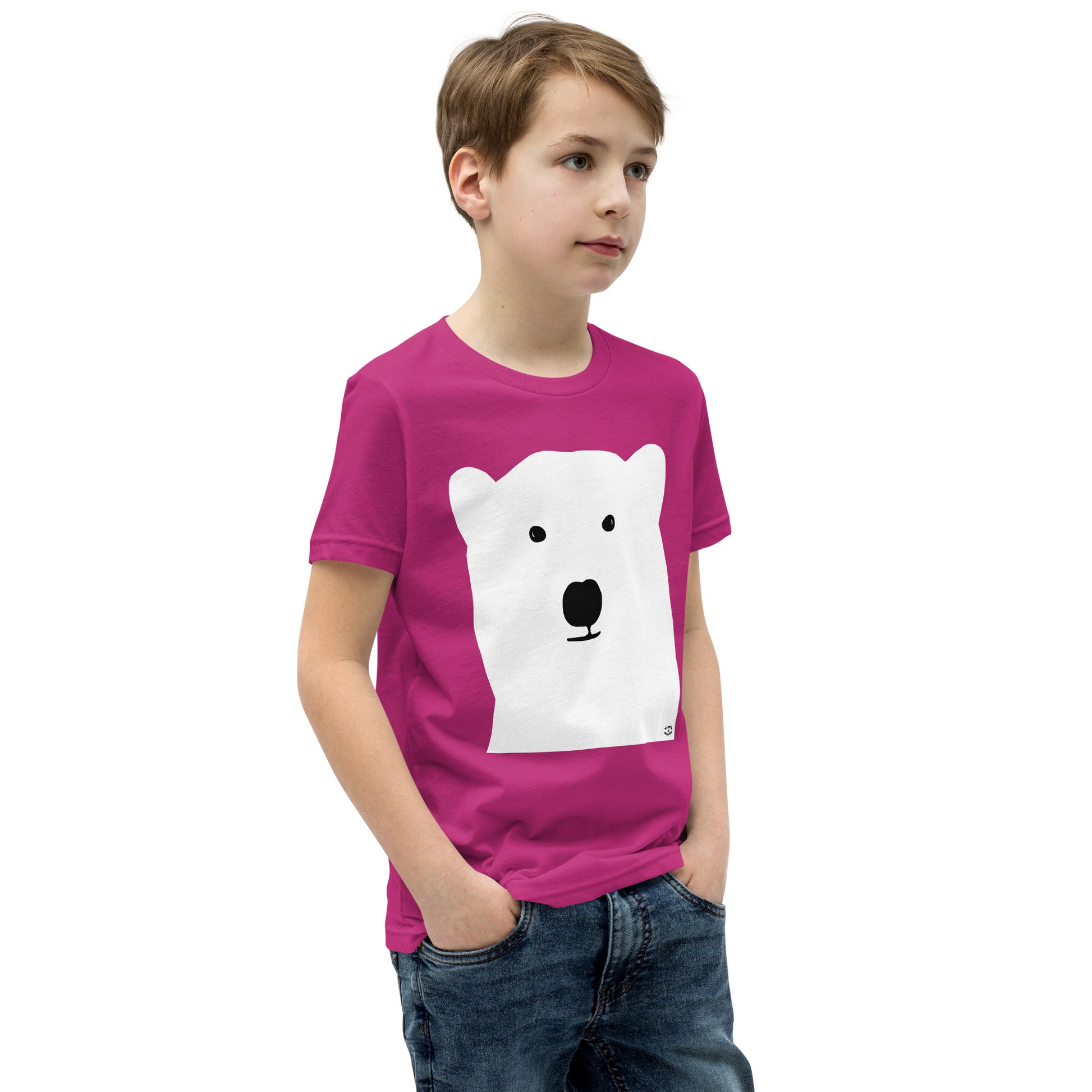 A picture of a young boy wearing a short sleeve tshirt with a kool polar bear face on the front-berry-pink-right-front