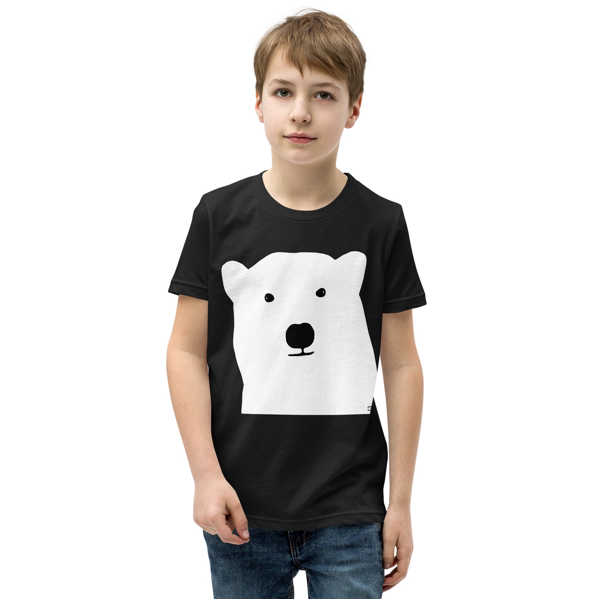 A picture of a young boy wearing a short sleeve tshirt with a kool polar bear face on the front-black-front