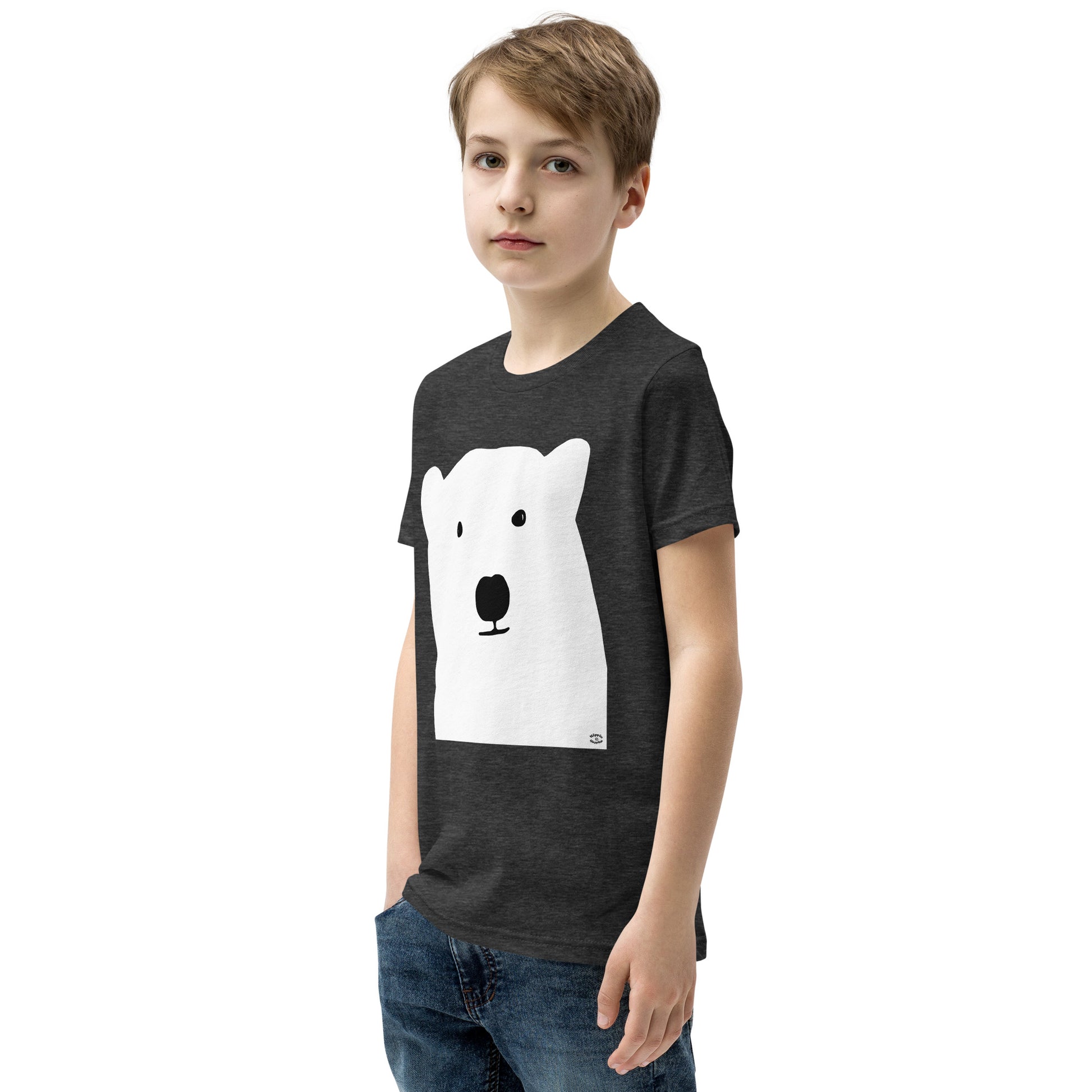 A picture of a young boy wearing a short sleeve tshirt with a kool polar bear face on the front-dark-grey-heather-left-front