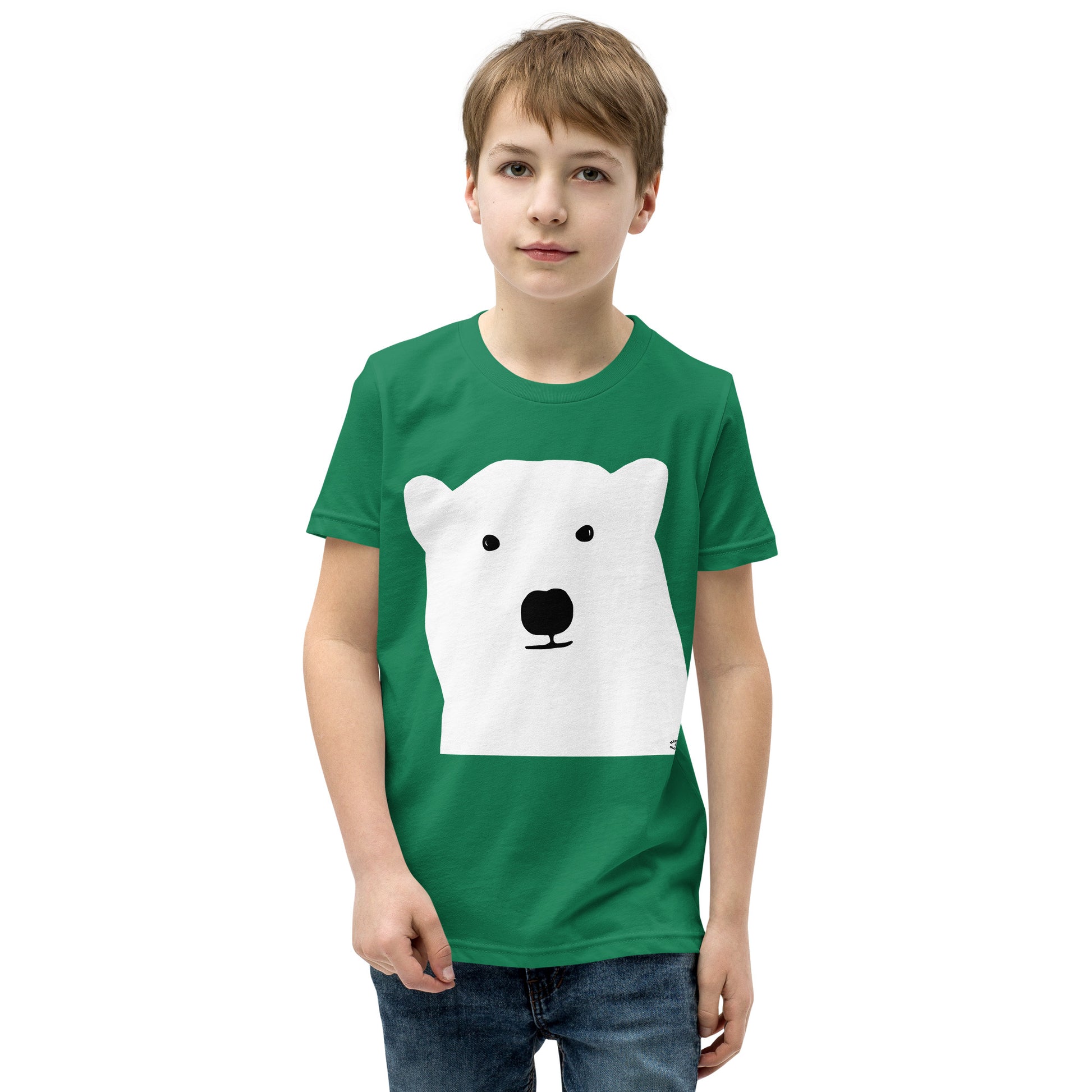 A picture of a young boy wearing a short sleeve tshirt with a kool polar bear face on the front-kelly-green-front