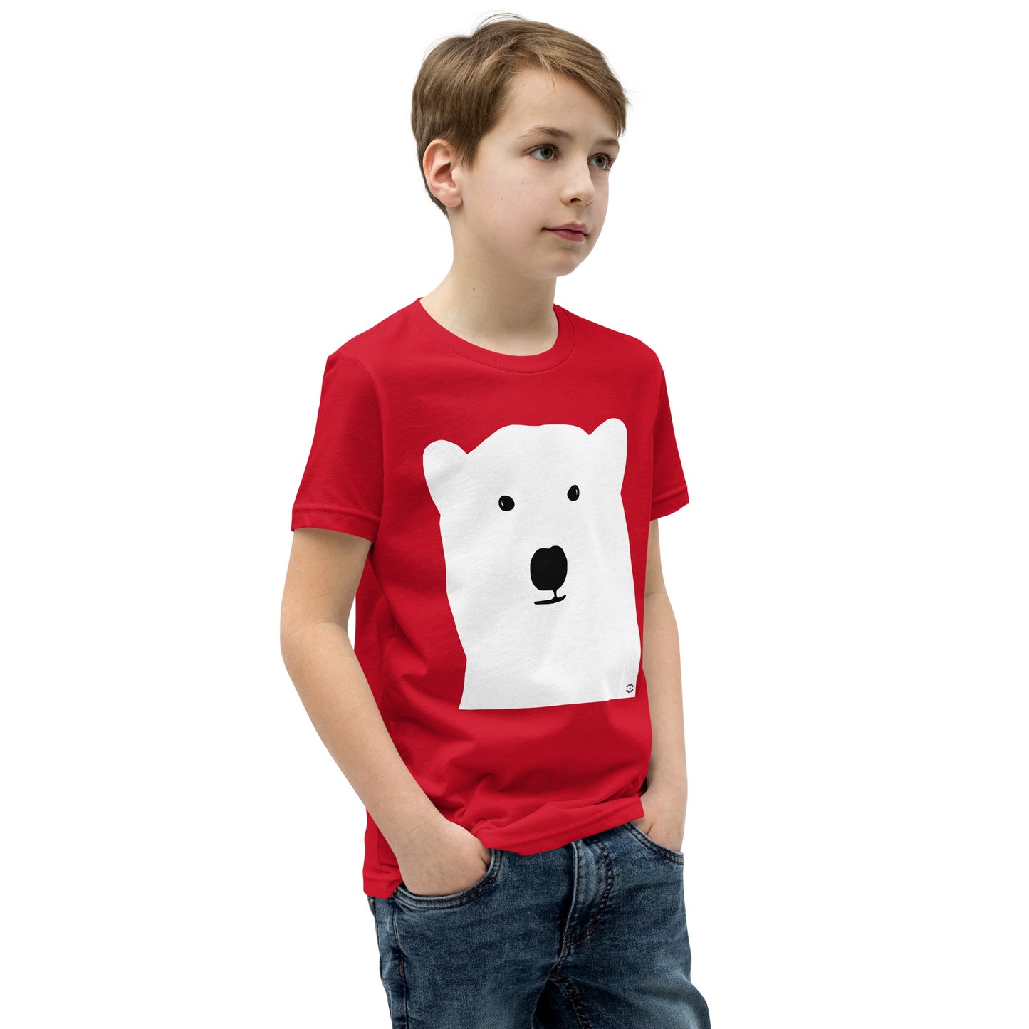 A picture of a young boy wearing a short sleeve tshirt with a kool polar bear face on the front-red-right-front