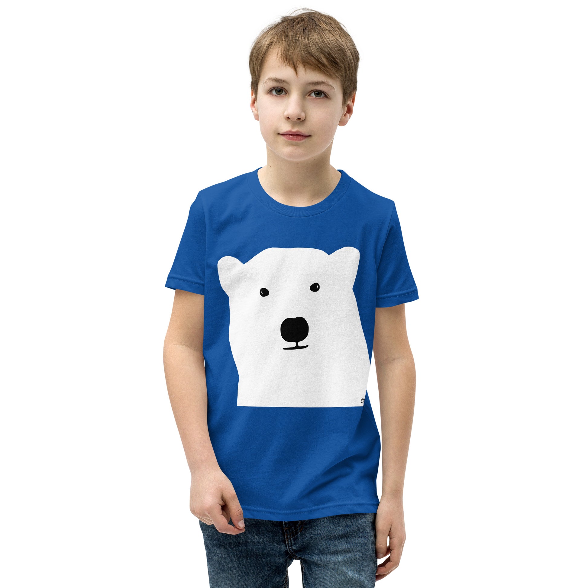 A picture of a young boy wearing a short sleeve tshirt with a kool polar bear face on the front-royal blue-front