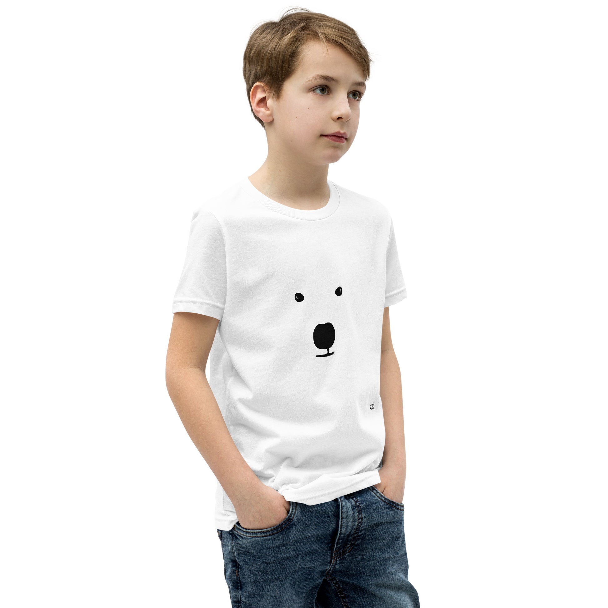 A picture of a young boy wearing a short sleeve tshirt with a kool polar bear face on the front-white-right-front
